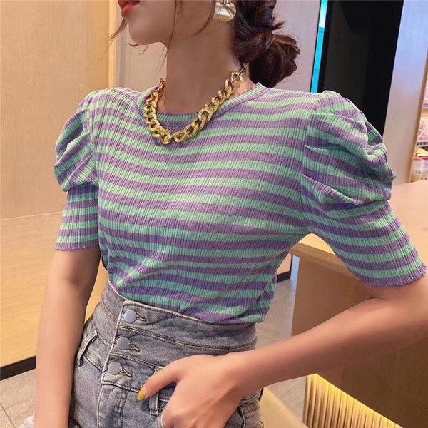 women's t-shirt 2021 summer korean version net red bubble sleeve short striped ice silk knitwear fashion, White
women's t-shirt 2021 summer korean version net red bubble sleeve short striped ice silk knitwear fashion, White