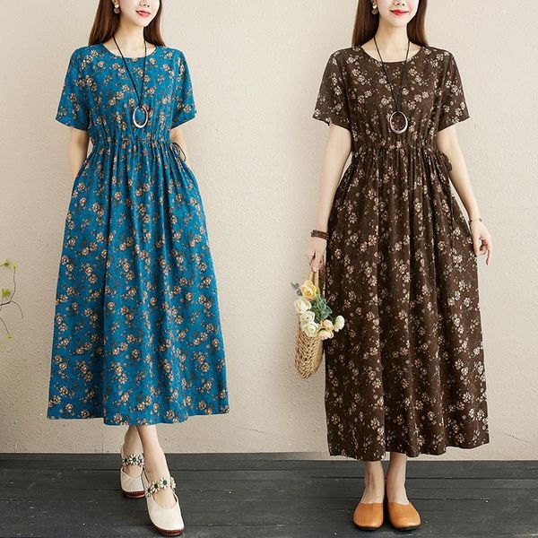 women's jeans summer large size dress, national style, slim, women's round neck, small floral long skirt, elastic waist cotton line, Blue
women's jeans summer large size dress, national style, slim, women's round neck, small floral long skirt, elastic waist cotton line, Blue