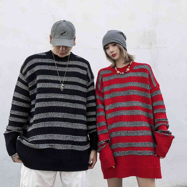 sweater knit trendy color matching striped men's street trend loose round neck bf lazy couple pullover, White;black
sweater knit trendy color matching striped men's street trend loose round neck bf lazy couple pullover, White;black