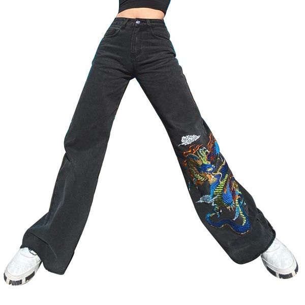 women's jeans womens pocket button wide leg vintage dragon embroidery high waist relaxed fit denim pants, Blue
women's jeans womens pocket button wide leg vintage dragon embroidery high waist relaxed fit denim pants, Blue
