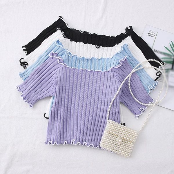 women's t-shirt korean fashion ruffles short sleeve t shirts women casual tee sweet slash neck knitted shirt, White
women's t-shirt korean fashion ruffles short sleeve t shirts women casual tee sweet slash neck knitted shirt, White