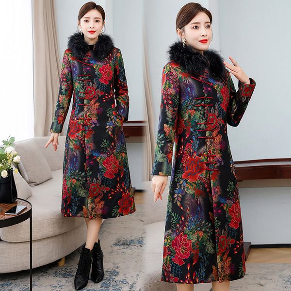 leather autumn and winter chinese clothes cheongsam women with long-padded fur collar parka jacket robes y398 au45, Black 
leather autumn and winter chinese clothes cheongsam women with long-padded fur collar parka jacket robes y398 au45, Black