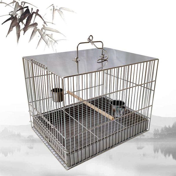 square stainless steel bird cage with caged parrot bathing out of the carrying case one-piece welding cages
square stainless steel bird cage with caged parrot bathing out of the carrying case one-piece welding cages