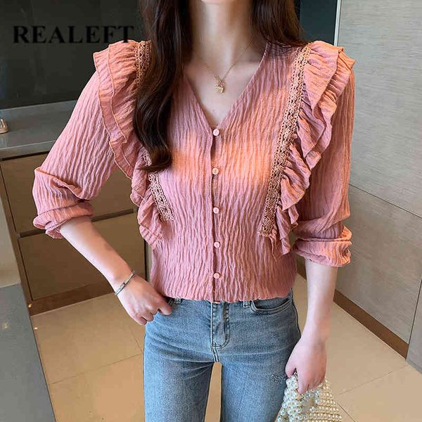 spring lace ruffles patchwork women's shirt female blouse long sleeve v-neck korean style casual blouses 210428, White
spring lace ruffles patchwork women's shirt female blouse long sleeve v-neck korean style casual blouses 210428, White