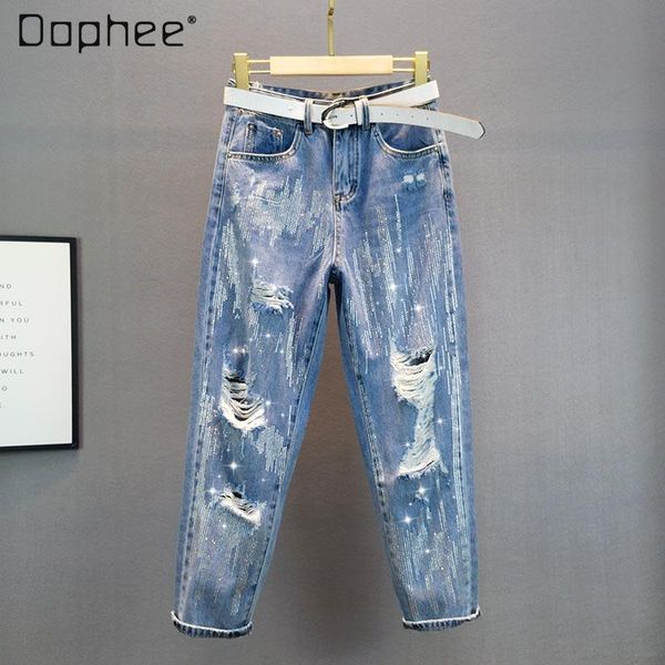spring/summer european rhinestone ripped jeans women's fashionable high waist loose plus size baggy pants, Blue
spring/summer european rhinestone ripped jeans women's fashionable high waist loose plus size baggy pants, Blue