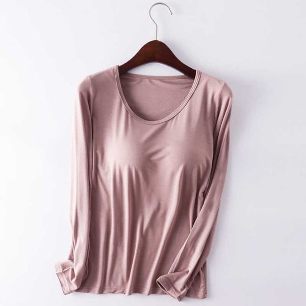 women's modal with bra pad cup pajamas underwear round neck solid color long-sleeved t-shirt female casual bottoming shirt, White
women's modal with bra pad cup pajamas underwear round neck solid color long-sleeved t-shirt female casual bottoming shirt, White