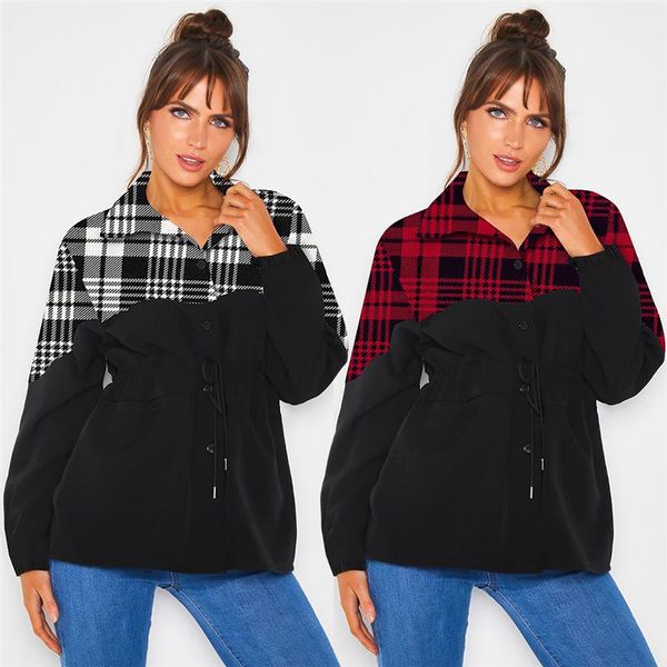women casual long sleeve jacket autumn lapel fashion plaid grid printed splicing tied waistband button winter coat women's jackets, Black;brown
women casual long sleeve jacket autumn lapel fashion plaid grid printed splicing tied waistband button winter coat women's jackets, Black;brown