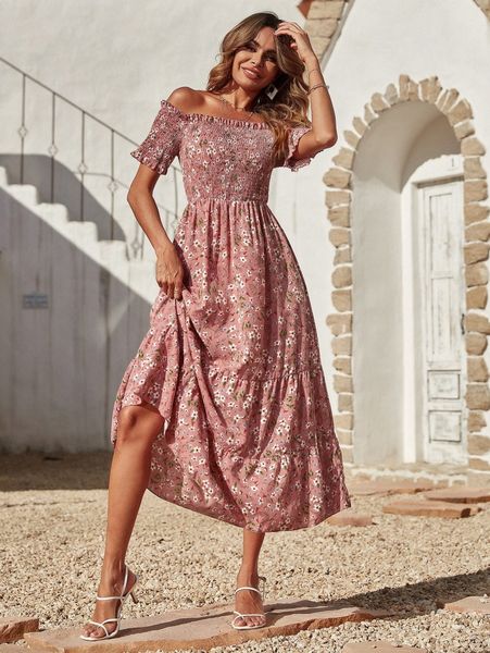 floral ruffle hem shirred bardot dress h0dz#, Black;gray