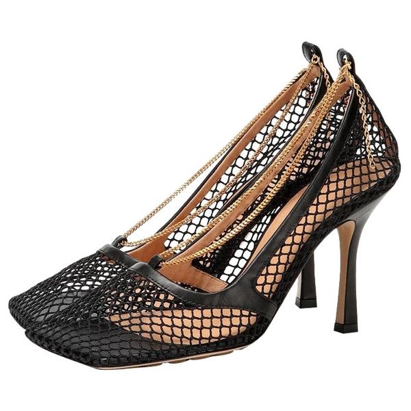 dress shoes high-end custom leather sole mesh hollow square toe metal chain runway slip on cover heel stiletto summer sandals, Black
dress shoes high-end custom leather sole mesh hollow square toe metal chain runway slip on cover heel stiletto summer sandals, Black