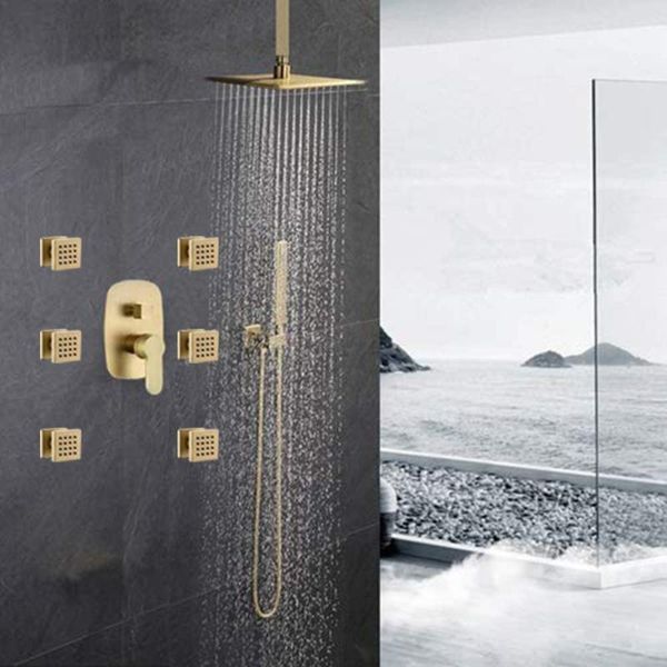 brushed gold bathroom brass 12 inch ceiling mount rainfall shower faucet combo set with 6 pcs body jets sets
brushed gold bathroom brass 12 inch ceiling mount rainfall shower faucet combo set with 6 pcs body jets sets