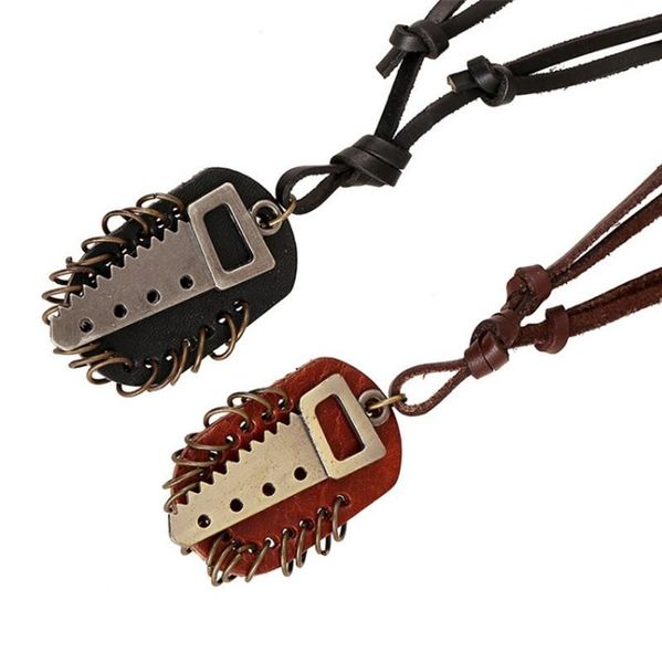 pendant necklaces european and american retro style punk men's leather necklace alloy saw cow, Silver