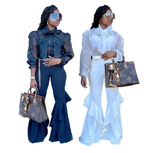 women's two piece pants summer tracksuit women set solid long sleeve bow mesh see through flare suits fashion casual 2 pcs sets, White
women's two piece pants summer tracksuit women set solid long sleeve bow mesh see through flare suits fashion casual 2 pcs sets, White