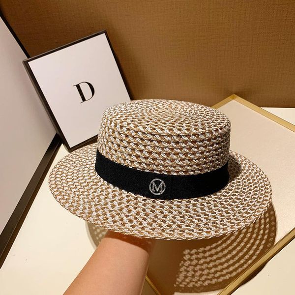wide brim hats 2021 m letter round flat straw beach hat lady boater sun caps panama fedora women's travel cap, Blue;gray
wide brim hats 2021 m letter round flat straw beach hat lady boater sun caps panama fedora women's travel cap, Blue;gray