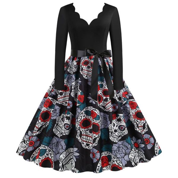 casual dresses retro halloween costume winter long sleeve v-neck vintage women nightmare skull bloody rose print goth dress 2021 pinup, Black;gray 
casual dresses retro halloween costume winter long sleeve v-neck vintage women nightmare skull bloody rose print goth dress 2021 pinup, Black;gray