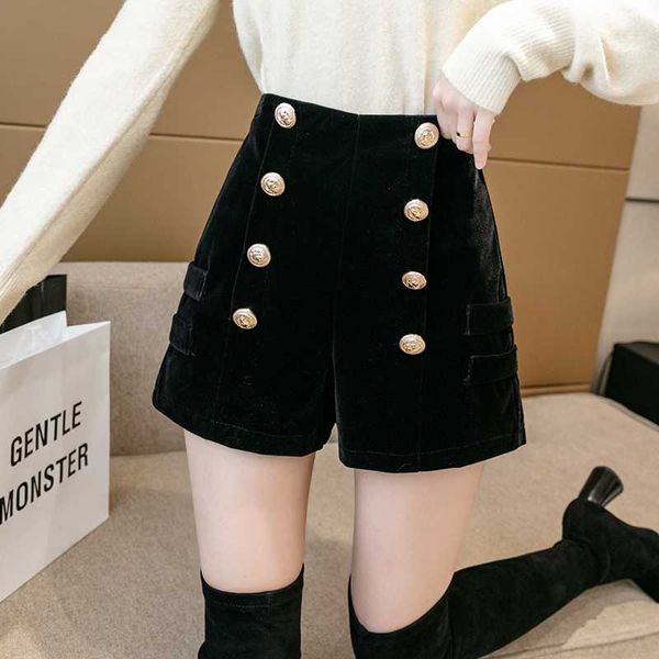 women's shorts 2021 spring autumn high waist double breasted buttons vintage velvet women, White;black
women's shorts 2021 spring autumn high waist double breasted buttons vintage velvet women, White;black