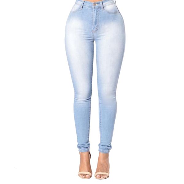 women's jeans fashion women denim skinny trousers high waist slim-fit washed long pencil pants for female sky blue empt