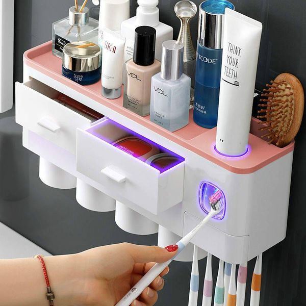 bath accessory set toothbrush holder automatic toothpaste squeezer dispenser inverted magnetic wall mount storage rack bathroom accessories 
bath accessory set toothbrush holder automatic toothpaste squeezer dispenser inverted magnetic wall mount storage rack bathroom accessories