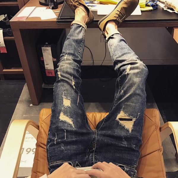 men's pants perth summer small leg jeans korean slim hole stretch trend youth fashion, Black 
men's pants perth summer small leg jeans korean slim hole stretch trend youth fashion, Black