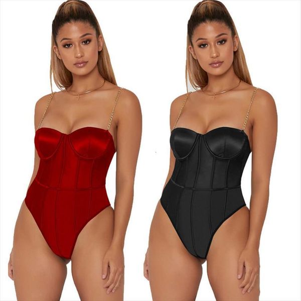 slim metal chain satin halter women romper nightclub, Black;white