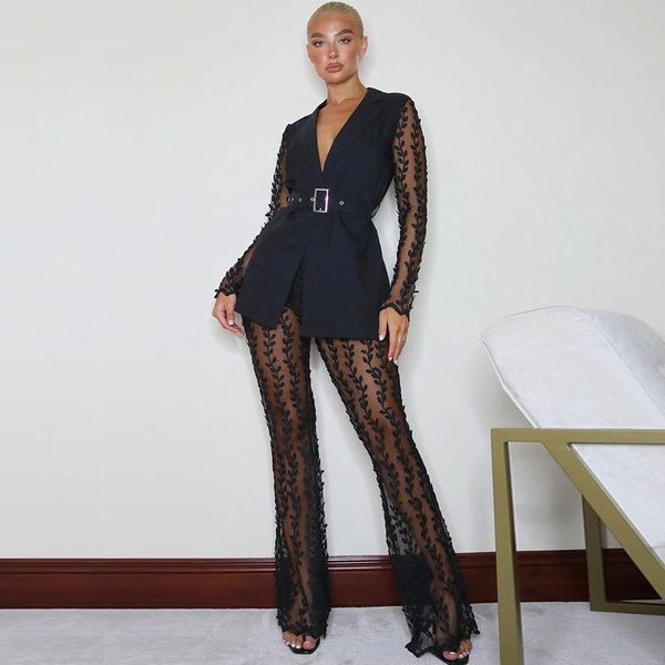women's two piece pants 2021 summer casual fashion street ladies slim v-neck mesh lace flared trousers with belt two-piece set, White
women's two piece pants 2021 summer casual fashion street ladies slim v-neck mesh lace flared trousers with belt two-piece set, White
