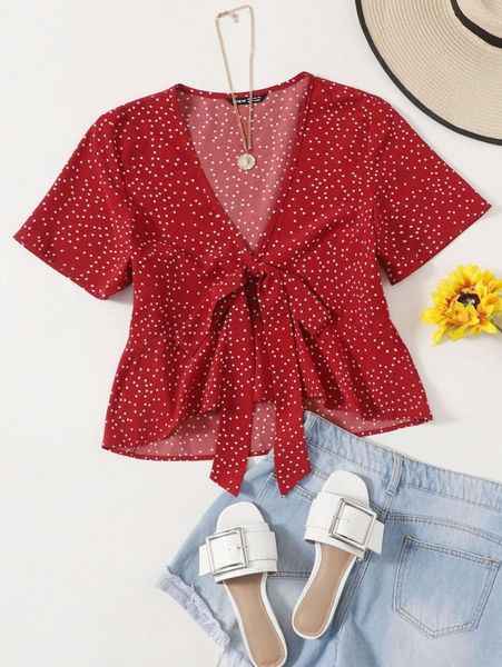 tie front polka dot peplum b2cr#, White