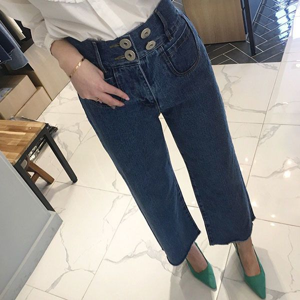 jeans little baggies leg wide women's brim pants single high waist double breasted, Blue
jeans little baggies leg wide women's brim pants single high waist double breasted, Blue