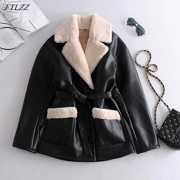 women's leather & faux ftlzz winter women warm lamb jacket thickening locomotive style pu coat loose lambs wool fur outwear with belt, Black
women's leather & faux ftlzz winter women warm lamb jacket thickening locomotive style pu coat loose lambs wool fur outwear with belt, Black