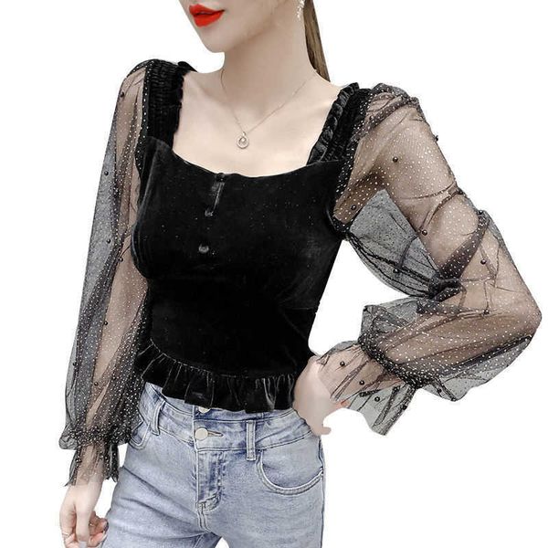 women spring autumn style mesh patchwork blouses shirts lady casual long transparent sleeve square collar blusas df3009 210609, White
women spring autumn style mesh patchwork blouses shirts lady casual long transparent sleeve square collar blusas df3009 210609, White