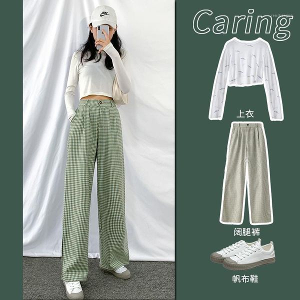 women's pants & capris blue plaid mopping straight leg loose wide drawstring high waist draping casual split, Black;white 
women's pants & capris blue plaid mopping straight leg loose wide drawstring high waist draping casual split, Black;white