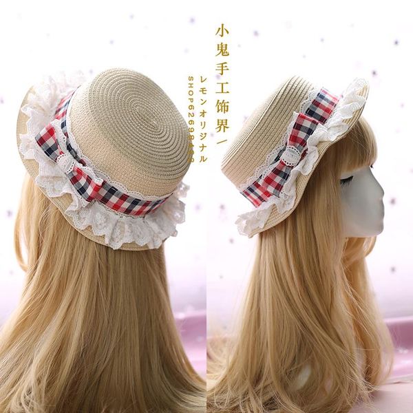party masks japanese soft sister girl sweet lolita plaid lace hat bow straw cute