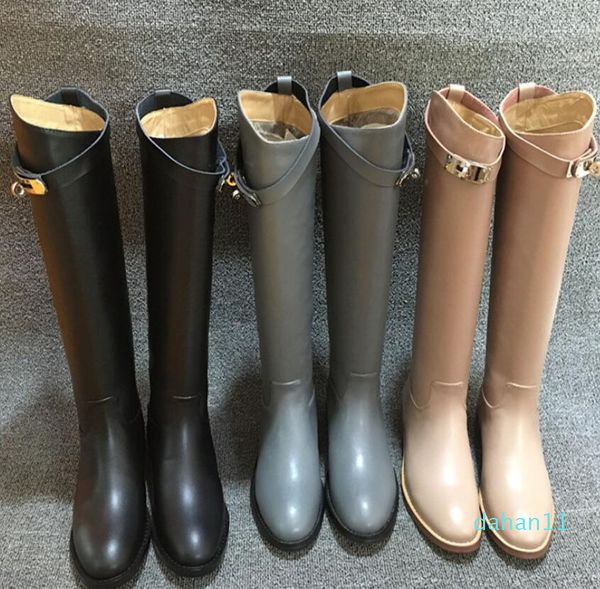 europe and america lady buckles martin boots genuine leather kelly women straight boot knight chaussure mujer plus size 41 42, Black