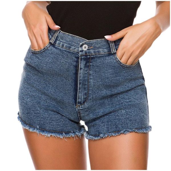 summer high waist denim shorts women casual mini ladies fashion ripped hem elastic pocket blue white jeans women's, White;black