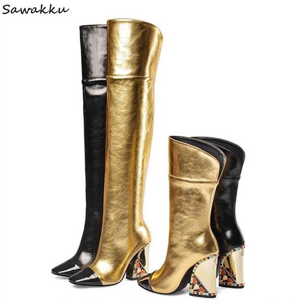 boots winter fashion designer women over the knee gold leather chunky heels thigh high pointed toe long shoes woman, Black
boots winter fashion designer women over the knee gold leather chunky heels thigh high pointed toe long shoes woman, Black