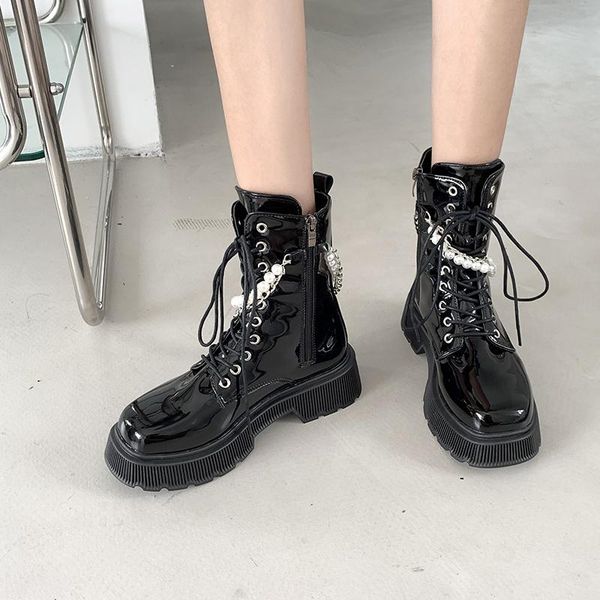 boots metal chain string bead decoration for women 2021 patent leather lac-up thick platform high square heel shoes, Black
boots metal chain string bead decoration for women 2021 patent leather lac-up thick platform high square heel shoes, Black