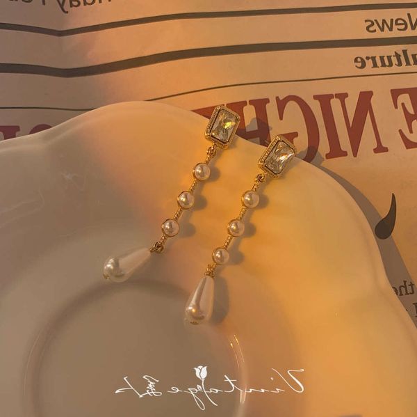 earrings "pearl falling" french style languid temperament design cold air flash drill tassel net red pearl earrings earclip, Golden