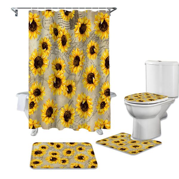 sunflower hand drawn map shower curtain set carpet cover toilet bath mat home decor bathroom curtains