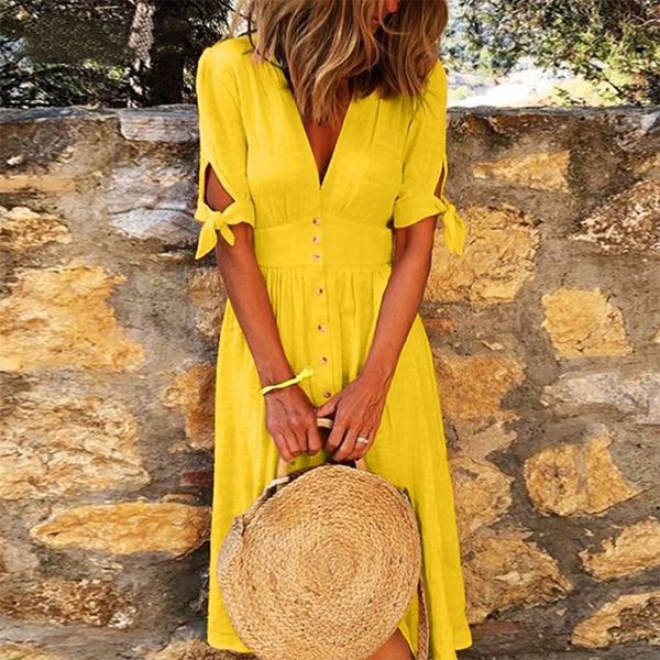 2021casual women summer beach boho dress deep v-neck solid half sleeve dress elegant lady button wrap midi party dress vestidos, Black;gray
2021casual women summer beach boho dress deep v-neck solid half sleeve dress elegant lady button wrap midi party dress vestidos, Black;gray