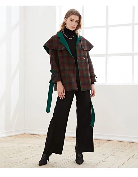 women's wool & blends plaid cape coat 2021 autumn/winter fashion retro belted mid-length woolen lady, Black
women's wool & blends plaid cape coat 2021 autumn/winter fashion retro belted mid-length woolen lady, Black