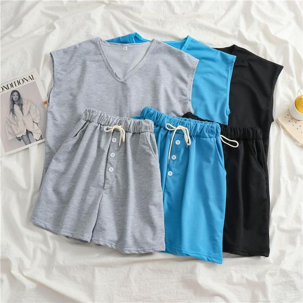 women's tracksuits women casual 2 piece sports set v neck sleeveless solid tee +button high waist elastic shorts female loose sets, Gray
women's tracksuits women casual 2 piece sports set v neck sleeveless solid tee +button high waist elastic shorts female loose sets, Gray