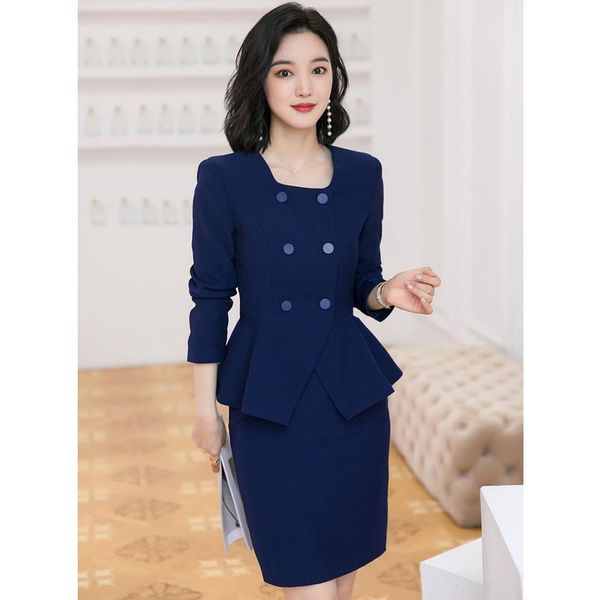 two piece dress fashion navy blue blazer women business suits ladies skirt and jacket sets work wear office uniform styles, White
two piece dress fashion navy blue blazer women business suits ladies skirt and jacket sets work wear office uniform styles, White