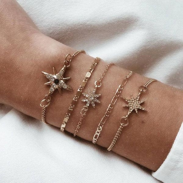link, chain 5 pcs/set punk gold bracelets simple crystal star for women party jewelry accessories, Black
link, chain 5 pcs/set punk gold bracelets simple crystal star for women party jewelry accessories, Black