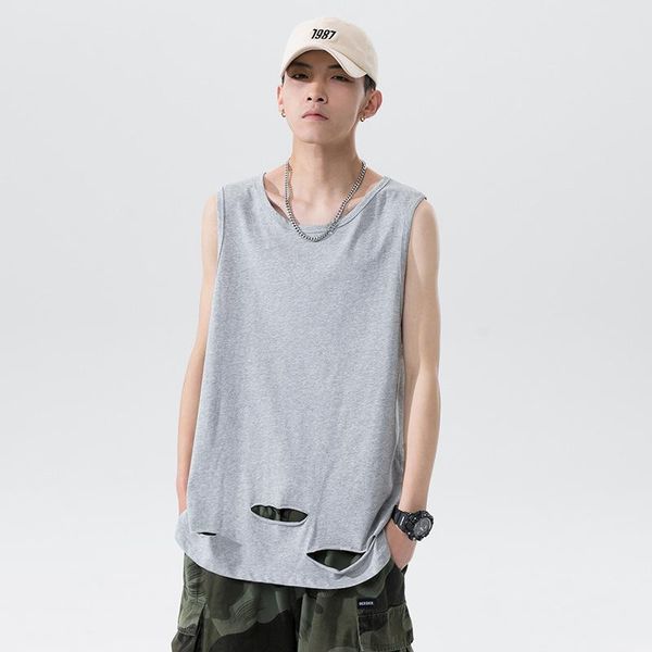 men' tank summer men black white gray ripped destroyed hole punk hip hop street vest vintage sleeveless shirt, White;black
men' tank summer men black white gray ripped destroyed hole punk hip hop street vest vintage sleeveless shirt, White;black