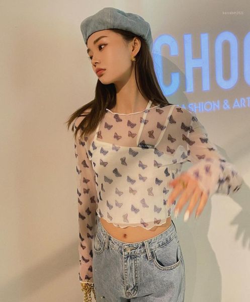 women's t-shirt purple butterfly print mesh t shirts with camisole women summer see through clothing young ladies streetwear crop, White
women's t-shirt purple butterfly print mesh t shirts with camisole women summer see through clothing young ladies streetwear crop, White