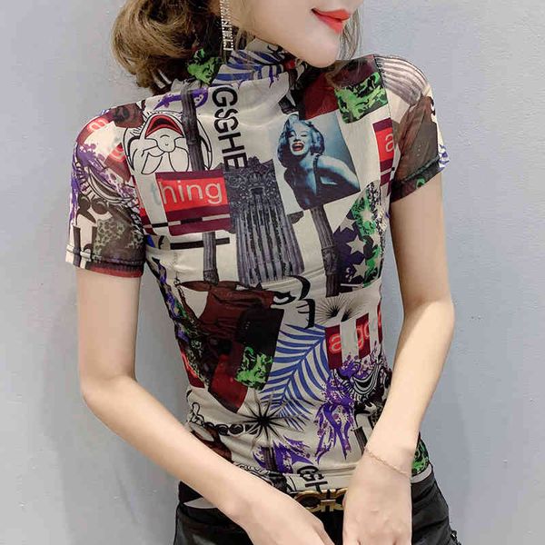 women's t-shirt summer fashion mesh turtleneck print t-shirt women european clothes ropa mujer bottoming shirt tees t010, White
women's t-shirt summer fashion mesh turtleneck print t-shirt women european clothes ropa mujer bottoming shirt tees t010, White
