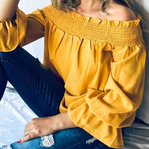 women's blouses & shirts off-shoulder pleated flare long-sleeved womens and 2021 spring blusas mujer de moda, White
women's blouses & shirts off-shoulder pleated flare long-sleeved womens and 2021 spring blusas mujer de moda, White