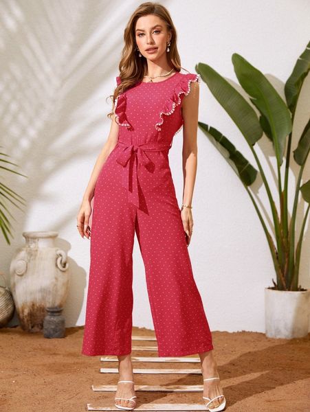 confetti heart print ruffle trim belted jumpsuit p6ns#, White 
confetti heart print ruffle trim belted jumpsuit p6ns#, White