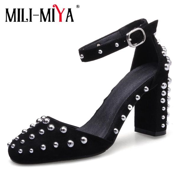 dress shoes mili-miya black kid suede rivets decor women pumps delicate round toe shallow thick high heels ankle buckle strap wedding 
dress shoes mili-miya black kid suede rivets decor women pumps delicate round toe shallow thick high heels ankle buckle strap wedding