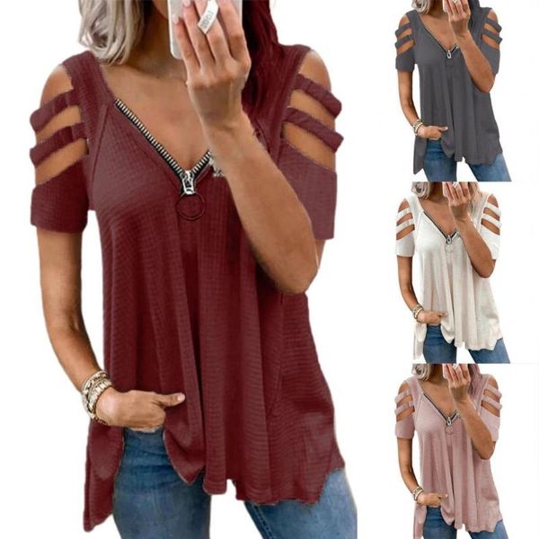 women solid color short sleeve zipper v-neck hollow blouse women's t-shirt, White
women solid color short sleeve zipper v-neck hollow blouse women's t-shirt, White
