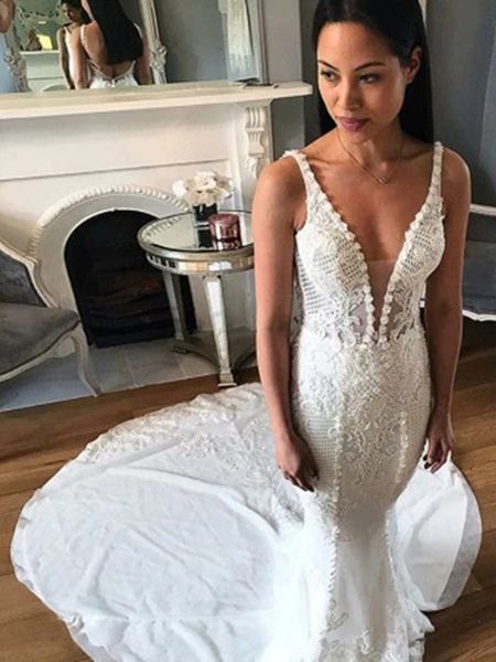 berta beach bridal gowns applique lace v neck sleeveless backless sweep train plus size robe de mariée wedding dresses, White
berta beach bridal gowns applique lace v neck sleeveless backless sweep train plus size robe de mariée wedding dresses, White