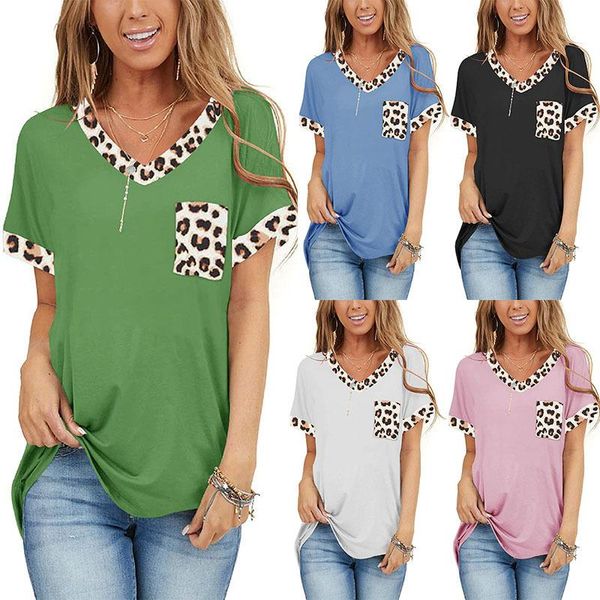 women's t-shirt short-sleeved 2021 casual and comfortable v-neck leopard print stitching pocket loose top, White
women's t-shirt short-sleeved 2021 casual and comfortable v-neck leopard print stitching pocket loose top, White
